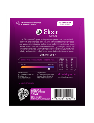 Juego Cuerdas Guitarra Acústica Elixir Nanoweb 11002 (10-47) 2