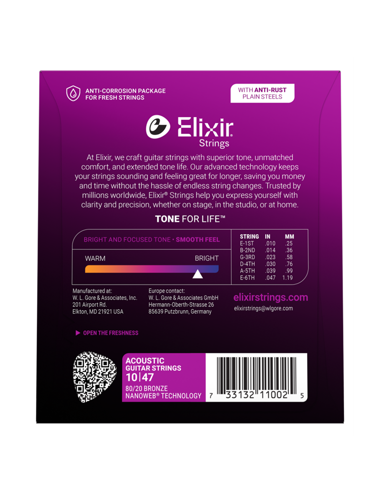 Juego Cuerdas Guitarra Acústica Elixir Nanoweb 11002 (10-47)