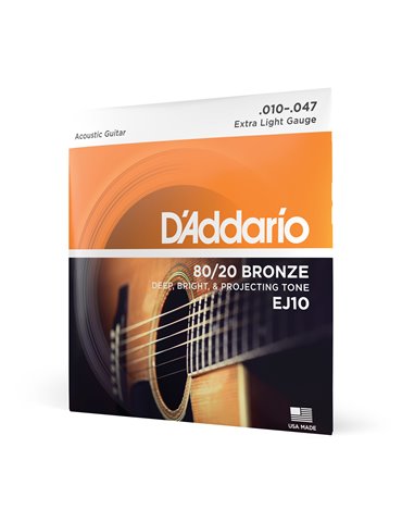 D'Addario EJ10, cuerdas de bronce para guitarra acústica, extra blandas, 10-47