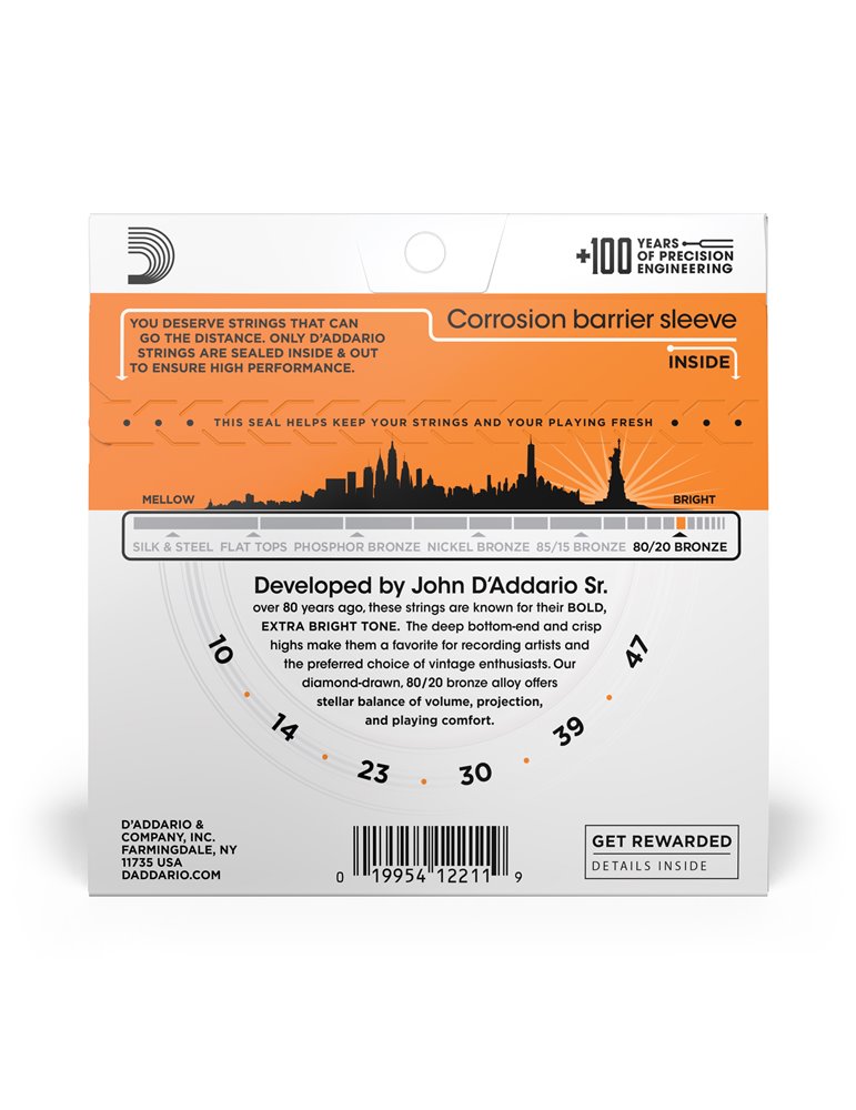 D'Addario EJ10, cuerdas de bronce para guitarra acústica, extra blandas, 10-47