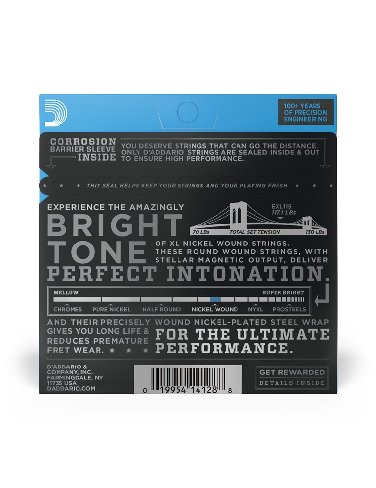 D'Addario EXL115, cuerdas con entorchado en níquel para guitarra eléctrica, tensión media para Blues-Jazz Rock, 11-49