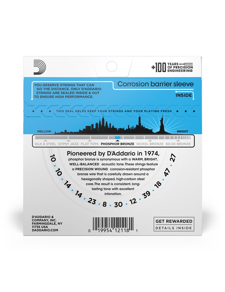 D'Addario EJ38, cuerdas de bronce fosforado para guitarra acústica de 12 cuerdas, blandas, 10-47