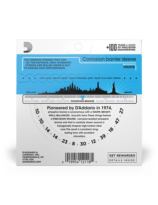 D'Addario EJ38, cuerdas de bronce fosforado para guitarra acústica de 12 cuerdas, blandas, 10-47
