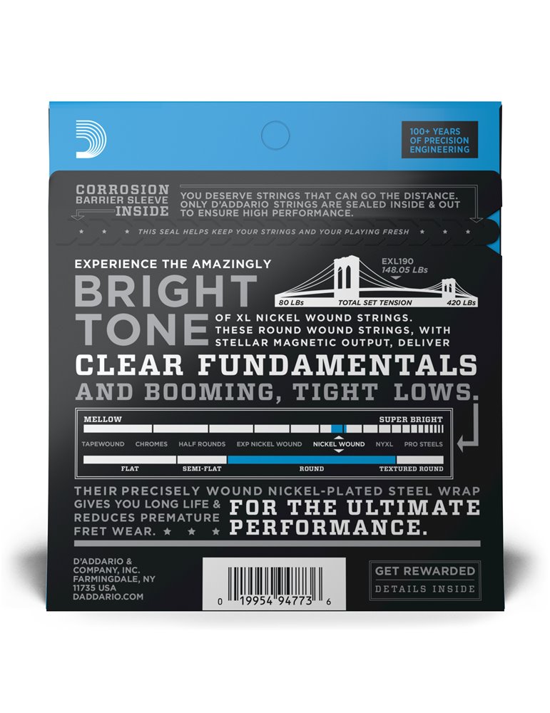D'Addario EXL190, cuerdas para bajo con entorchado en níquel, blandas personalizadas, 40-100, escala larga