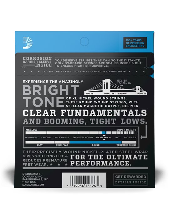 D'Addario EXL165, cuerdas para bajo con entorchado en níquel, blandas personalizadas, 45-105, escala larga