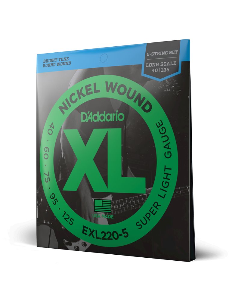 D'Addario EXL220-5, cuerdas con entorchado en níquel para bajo de 5 cuerdas, extra blandas, 40-125, escala larga