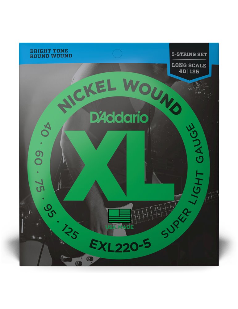 D'Addario EXL220-5, cuerdas con entorchado en níquel para bajo de 5 cuerdas, extra blandas, 40-125, escala larga