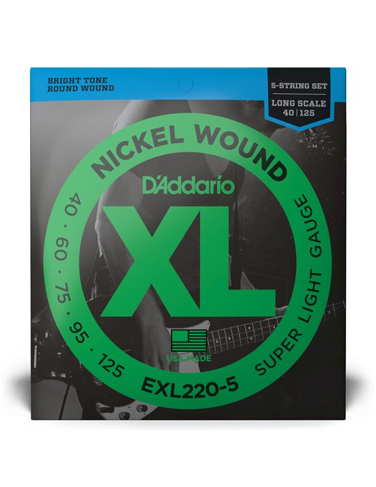 D'Addario EXL220-5, cuerdas con entorchado en níquel para bajo de 5 cuerdas, extra blandas, 40-125, escala larga