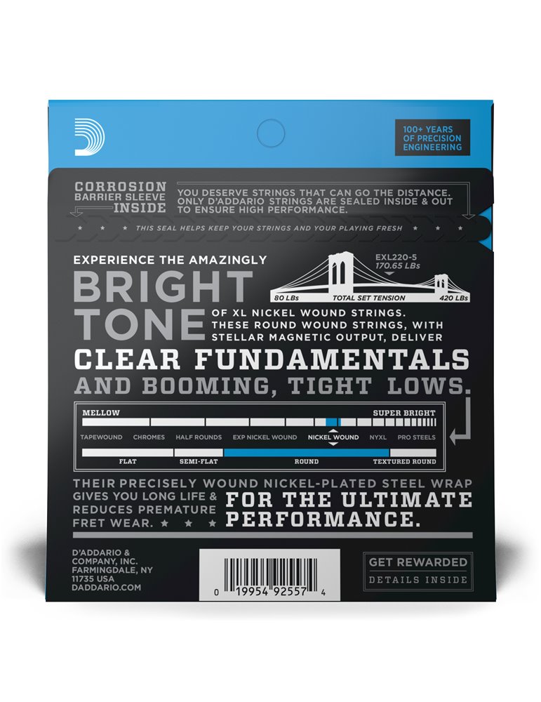 D'Addario EXL220-5, cuerdas con entorchado en níquel para bajo de 5 cuerdas, extra blandas, 40-125, escala larga