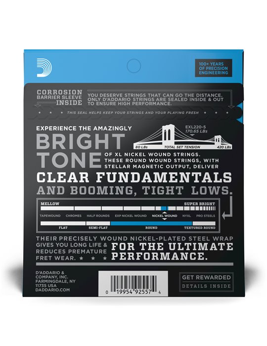 D'Addario EXL220-5, cuerdas con entorchado en níquel para bajo de 5 cuerdas, extra blandas, 40-125, escala larga