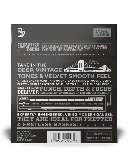 D'Addario ETB92S, cuerdas para bajo con entorchado en cinta, tensión media, 50-105, escala corta