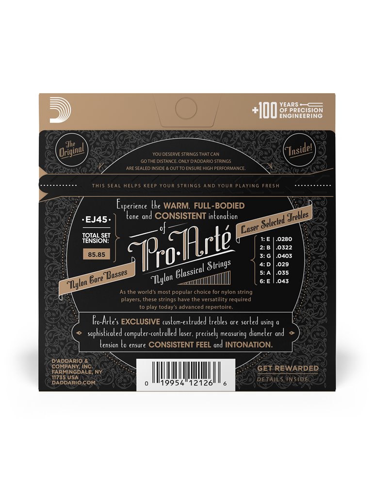D'Addario EJ45 Pro-Arte, cuerdas de nailon para guitarra clásica, tensión normal
