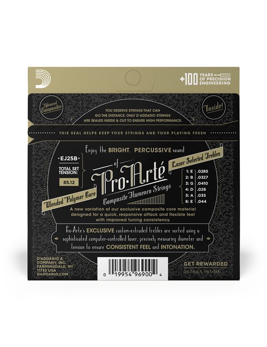 D'Addario EJ25B Pro-Arte, cuerdas para guitarra flamenca con entorchado de compuesto de nailon negro