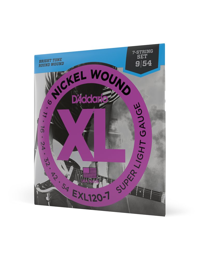 D'Addario EXL120-7, cuerdas con entorchado en níquel para guitarra eléctrica de 7 cuerdas, extra blandas, 9-54