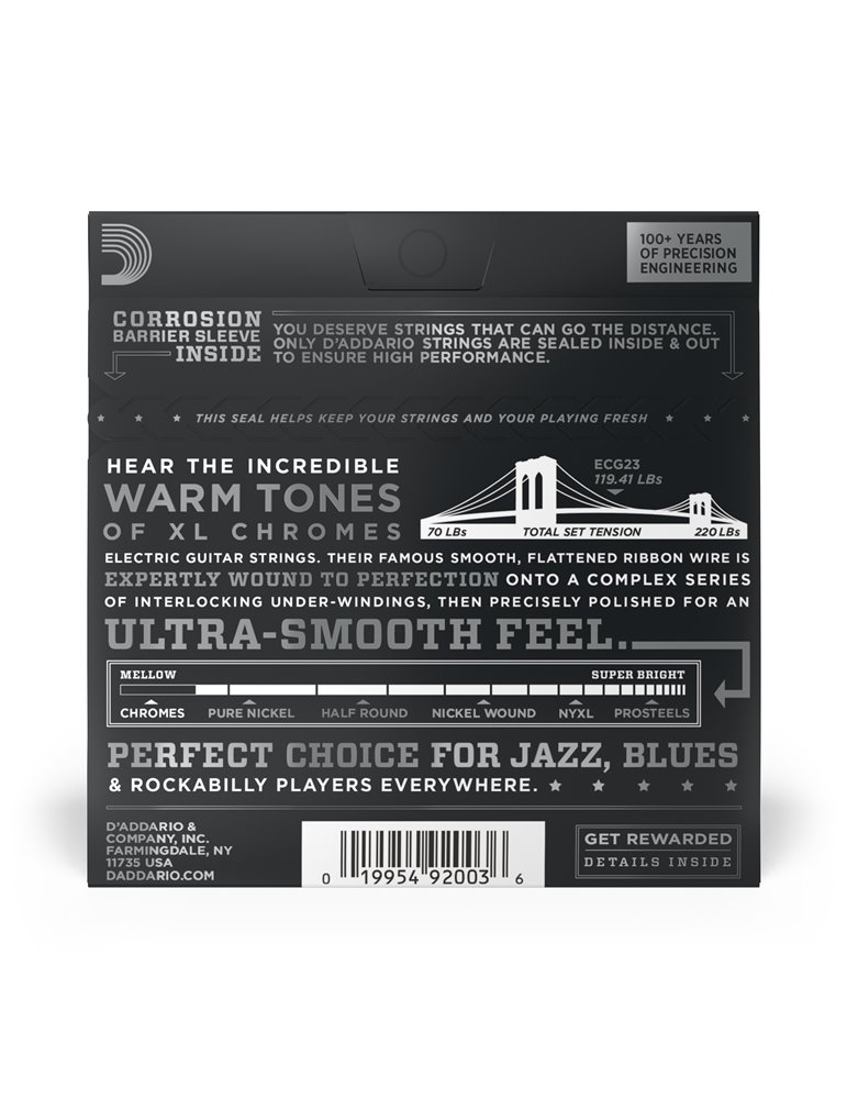 D'Addario ECG23 Chromes, cuerdas de entorchado plano para guitarra eléctrica, extra blandas, 10-48
