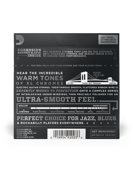 D'Addario ECG23 Chromes, cuerdas de entorchado plano para guitarra eléctrica, extra blandas, 10-48