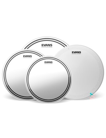 EVANS EC2S. Pack estándar transparente (12", 13", 16") con parche batidor de caja seco HD 14"