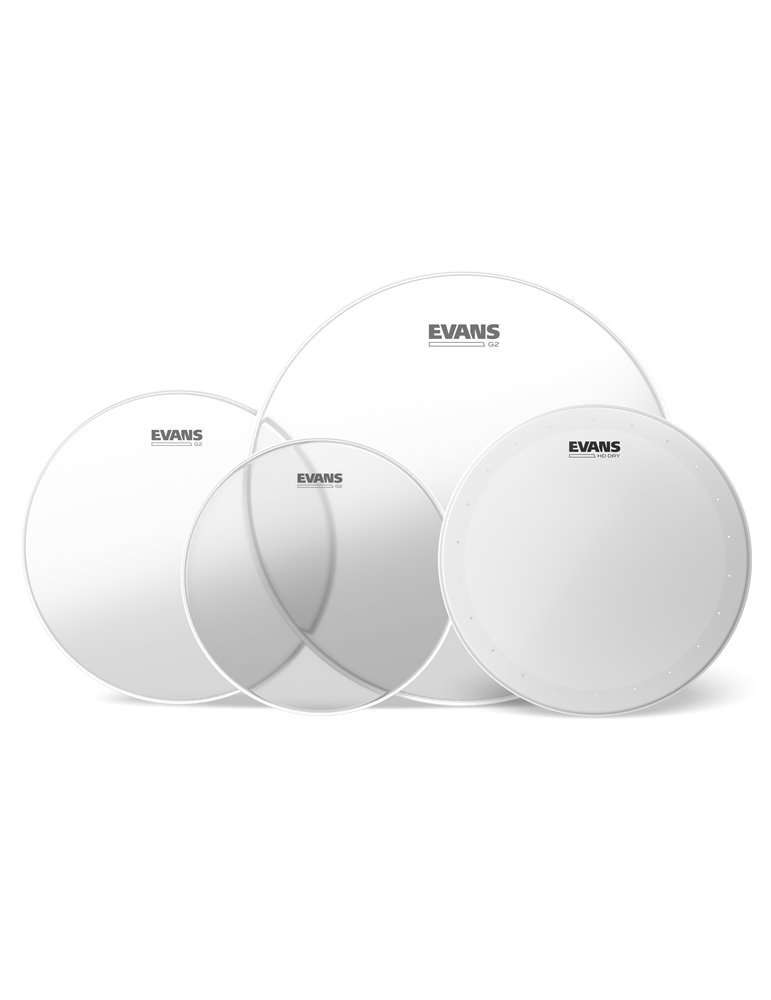 EVANS G2. Pack rock transparente (10", 12", 16") con parche batidor de caja seco HD 14"