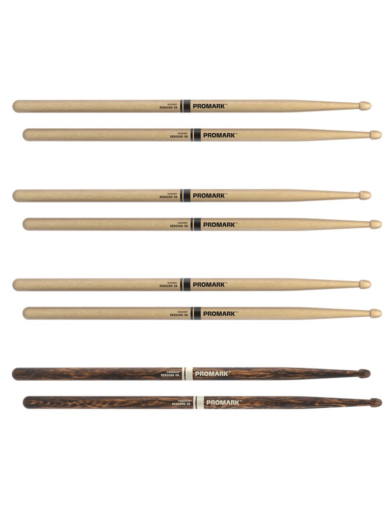 ProMark. Baqueta Rebound 5B. Nogal americano con punta de bellota, FireGrain, pack de 4