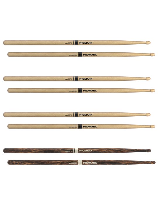 Baquetas ProMark Rebound 5A, Nogal americano con punta de bellota, pack de 4,