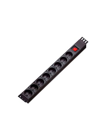 Base de conexión eléctrica. 1 HU rack 19''. 3 x 1.5 mm2. 8 x CEE7 Tipo F hembra. Interruptor.