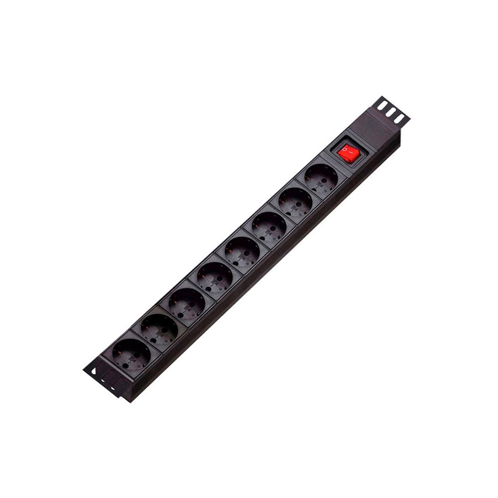 Base de conexión eléctrica. 1 HU rack 19''. 3 x 1.5 mm2. 8 x CEE7 Tipo F hembra. Interruptor.