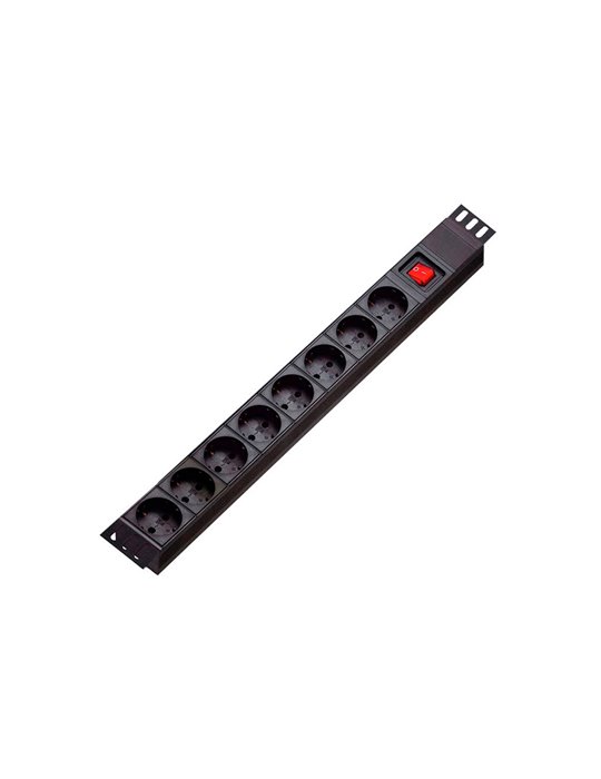 Base de conexión eléctrica. 1 HU rack 19''. 3 x 1.5 mm2. 8 x CEE7 Tipo F hembra. Interruptor.
