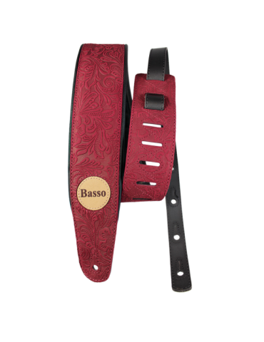 CORREA BASSO PARA GUITARRA Y BAJO SERIE CUERO ROJO FLOREADO