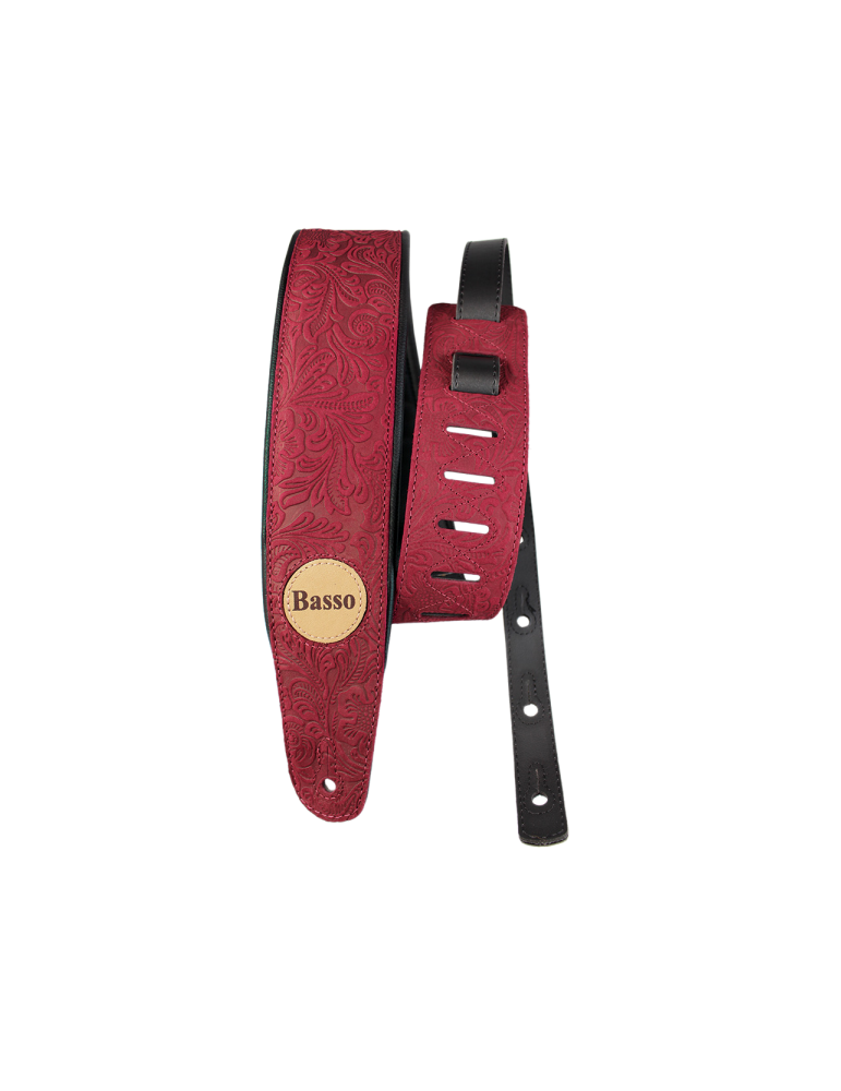 CORREA BASSO PARA GUITARRA Y BAJO SERIE CUERO ROJO FLOREADO