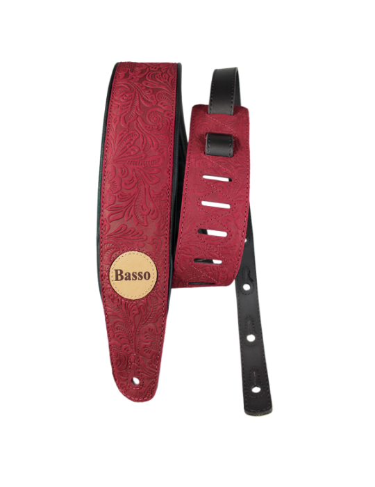 CORREA BASSO PARA GUITARRA Y BAJO SERIE CUERO ROJO FLOREADO