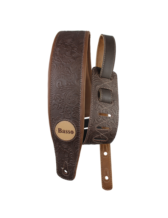 CORREA BASSO PARA GUITARRA Y BAJO SERIE CUERO MARRÓN FLOREADO