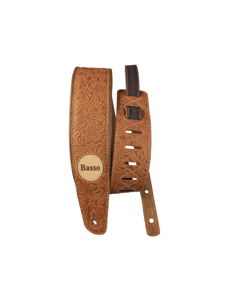 CORREA BASSO PARA GUITARRA Y BAJO SERIE CUERO WHISKEY FLOREADO