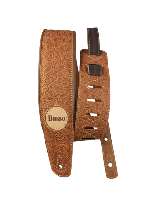 CORREA BASSO PARA GUITARRA Y BAJO SERIE CUERO WHISKEY FLOREADO