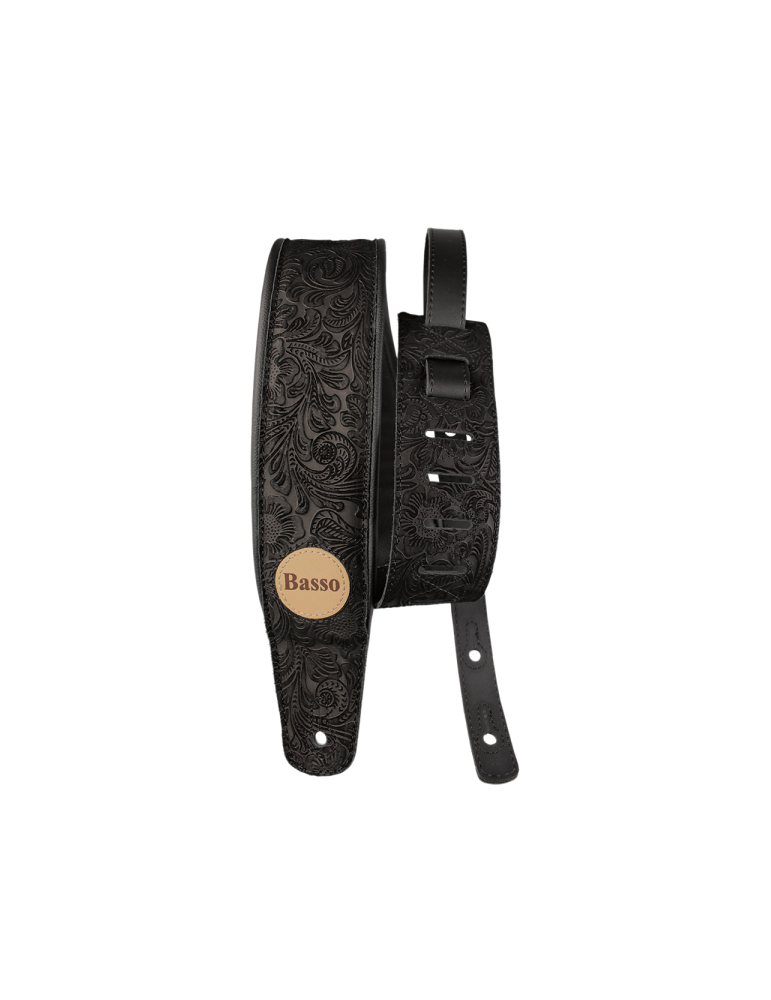 CORREA BASSO PARA GUITARRA Y BAJO SERIE CUERO NEGRA FLOREADA