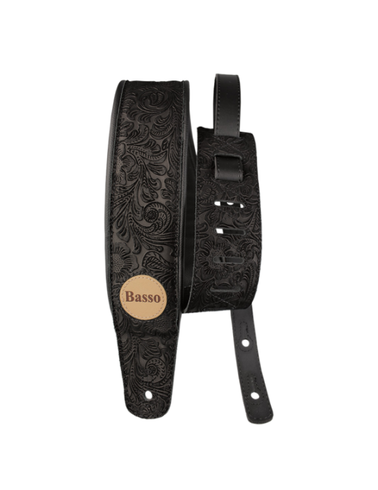 CORREA BASSO PARA GUITARRA Y BAJO SERIE CUERO NEGRA FLOREADA