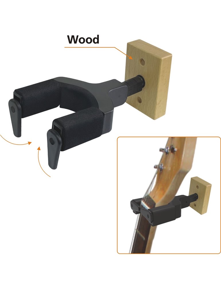 SOPORTE FIJO DE PARED PARA GUITARRA Y BAJO CON BASE DE MADERA
