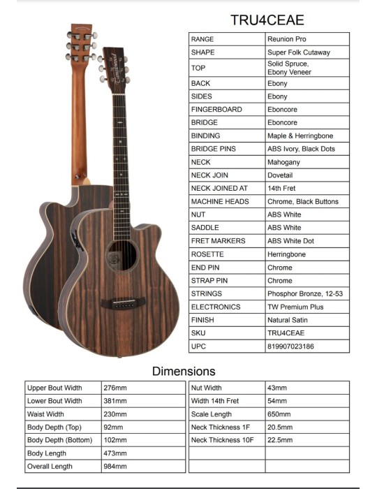 GUITARRA ACÚSTICA TANGLEWOOD TRU4CEAE SUPER FOLK CON CUTAWAY
