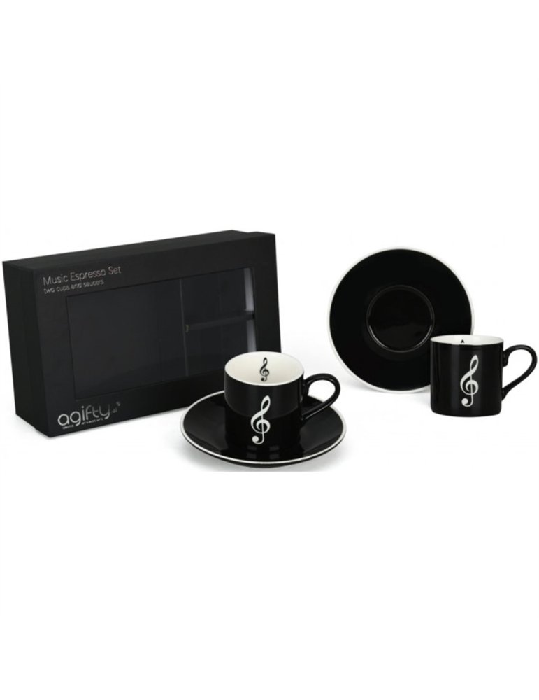 Pack 2 Tazas Espresso Con Plato Agifty M-7020 Clave de Sol Negro