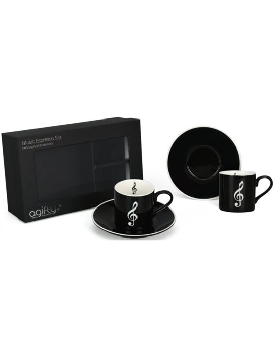 Pack 2 Tazas Espresso Con Plato Agifty M-7020 Clave de Sol Negro