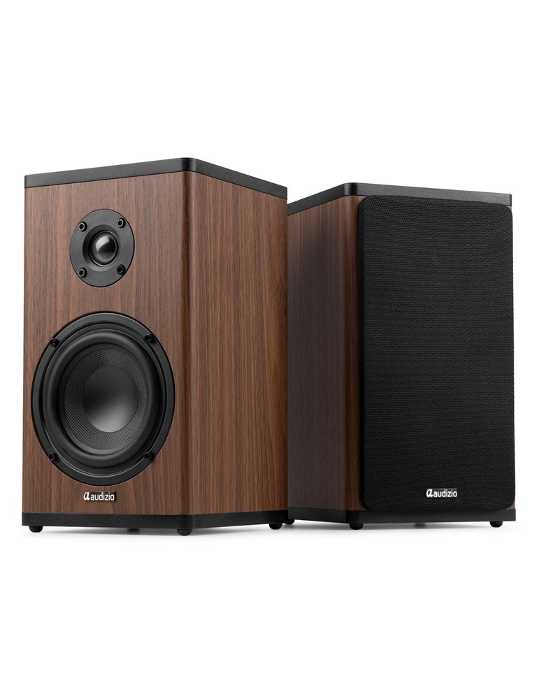 BS20 Conjunto de altavoces activos para estantería con batería, madera oscura