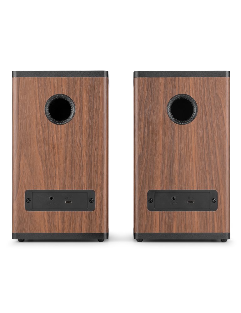 BS20 Conjunto de altavoces activos para estantería con batería, madera oscura
