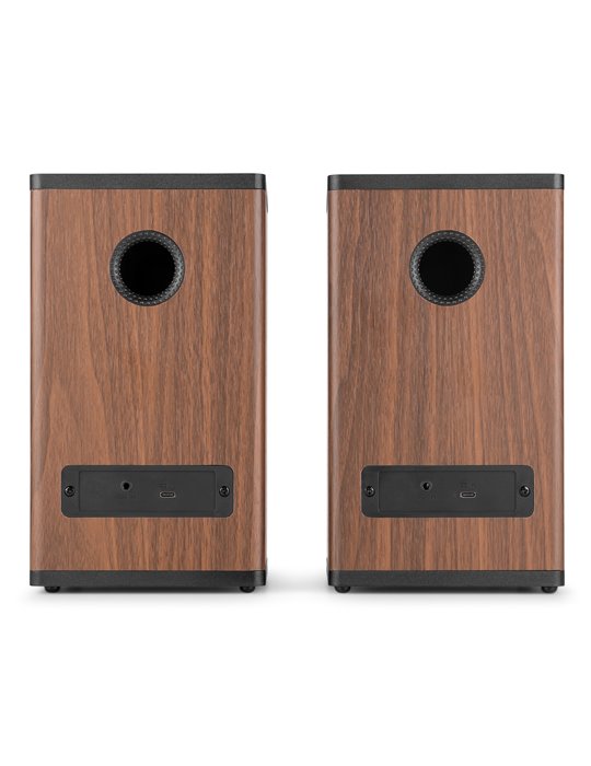 BS20 Conjunto de altavoces activos para estantería con batería, madera oscura