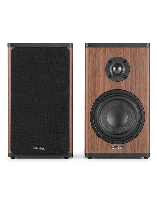 BS20 Conjunto de altavoces activos para estantería con batería, madera oscura