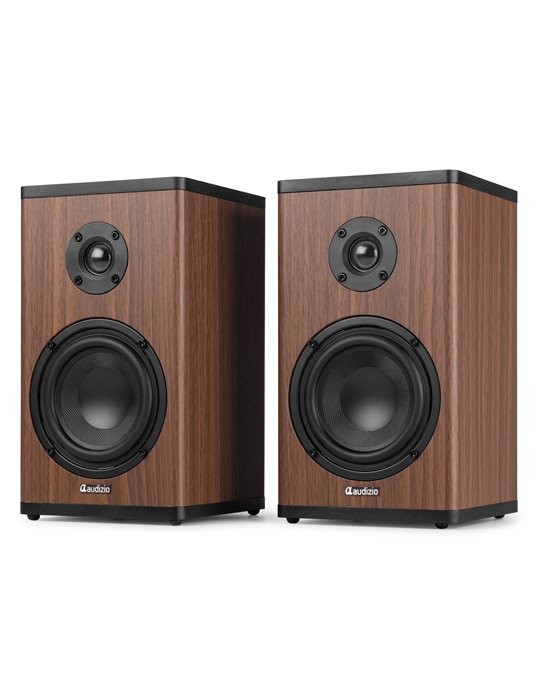 BS20 Conjunto de altavoces activos para estantería con batería, madera oscura