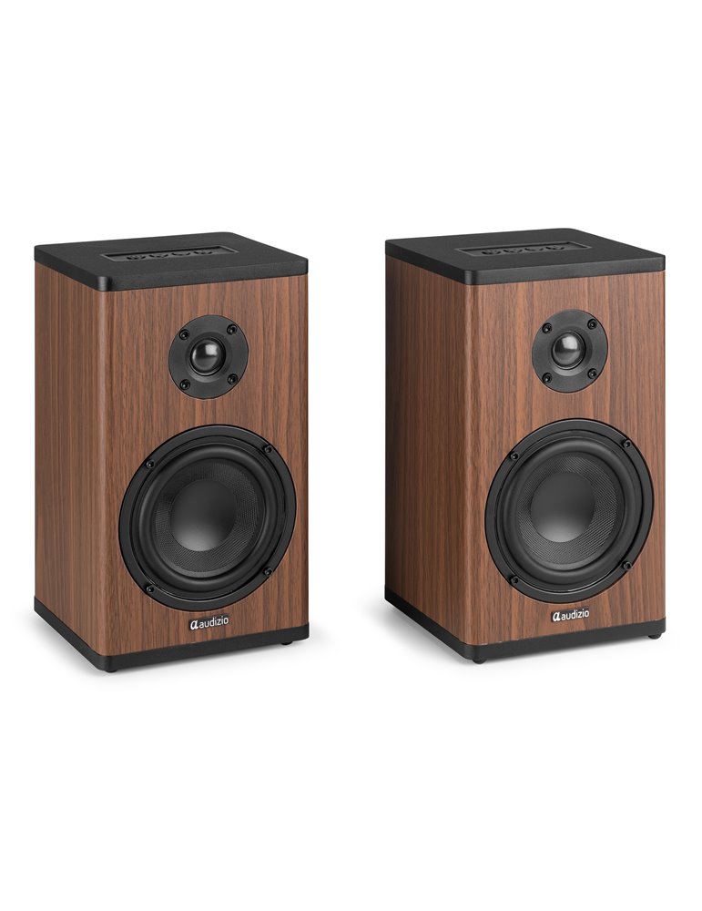 BS20 Conjunto de altavoces activos para estantería con batería, madera oscura
