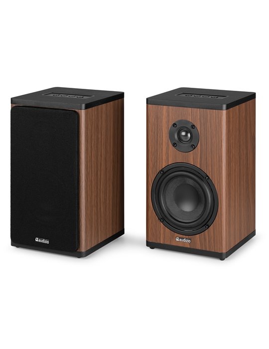 BS20 Conjunto de altavoces activos para estantería con batería, madera oscura