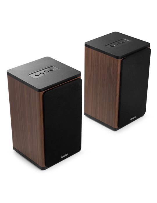 BS20 Conjunto de altavoces activos para estantería con batería, madera oscura