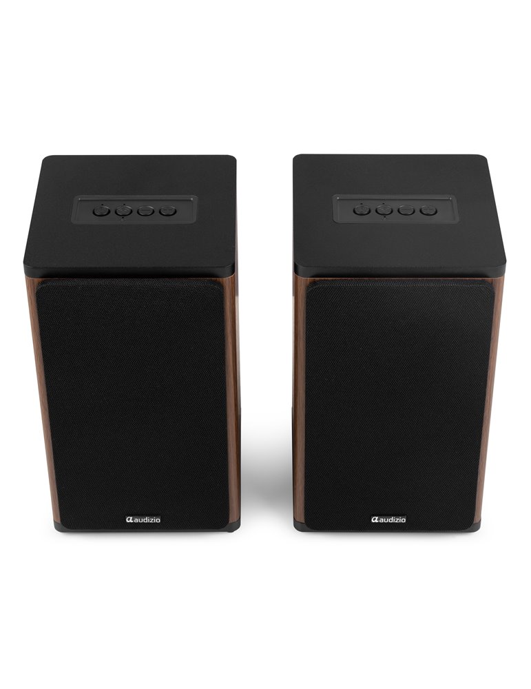 BS20 Conjunto de altavoces activos para estantería con batería, madera oscura