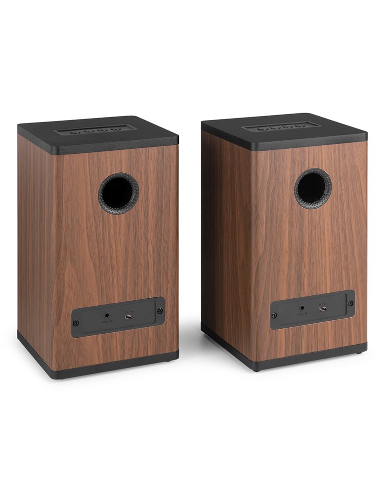 BS20 Conjunto de altavoces activos para estantería con batería, madera oscura