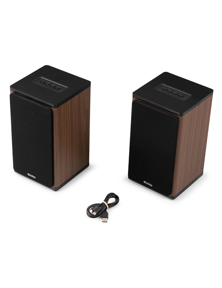 BS20 Conjunto de altavoces activos para estantería con batería, madera oscura